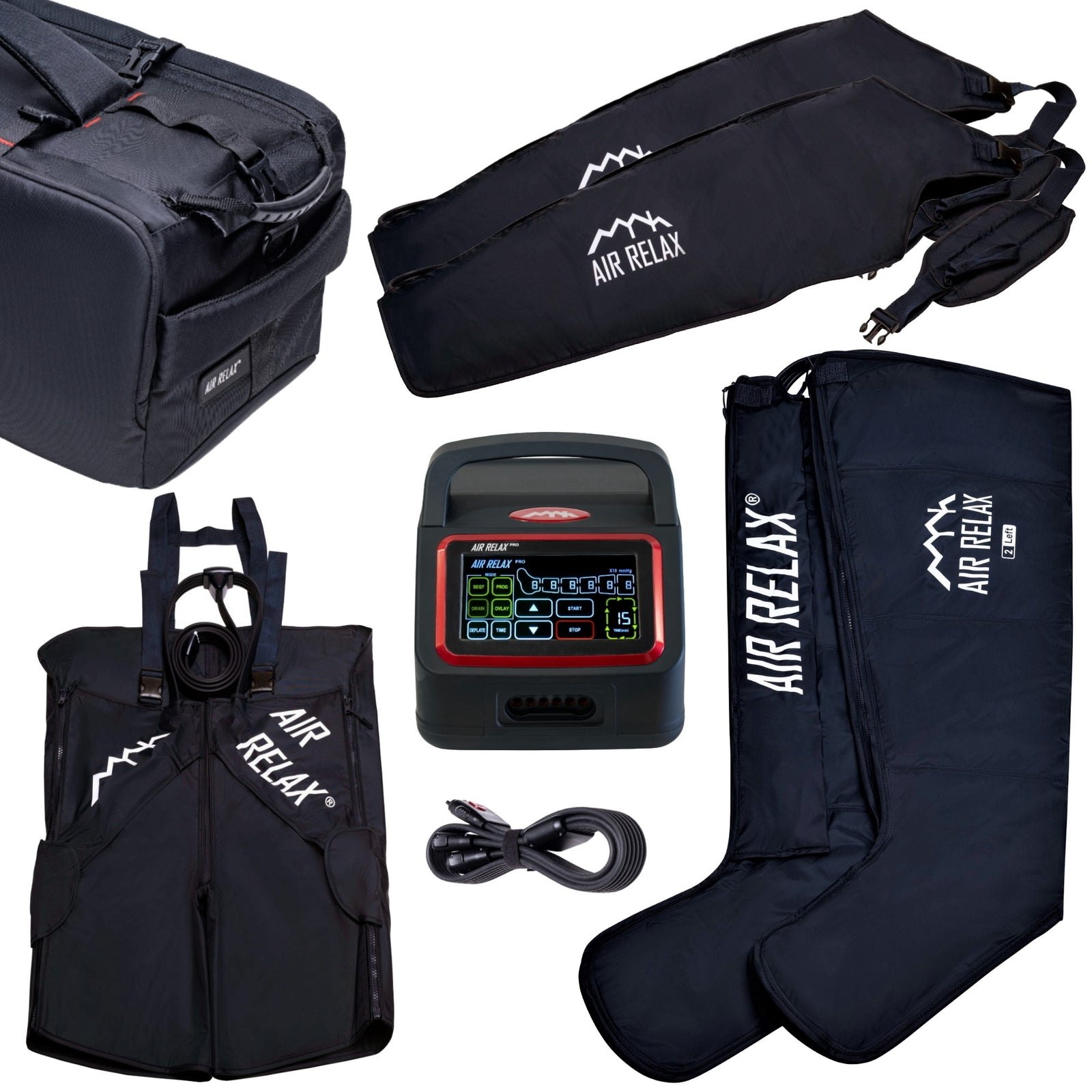 AIR RELAX PRO AR-4.0 BODY PACKAGE SYSTEM — Full set of Air Relax Pro components including case, pump, sleeves, and shorts