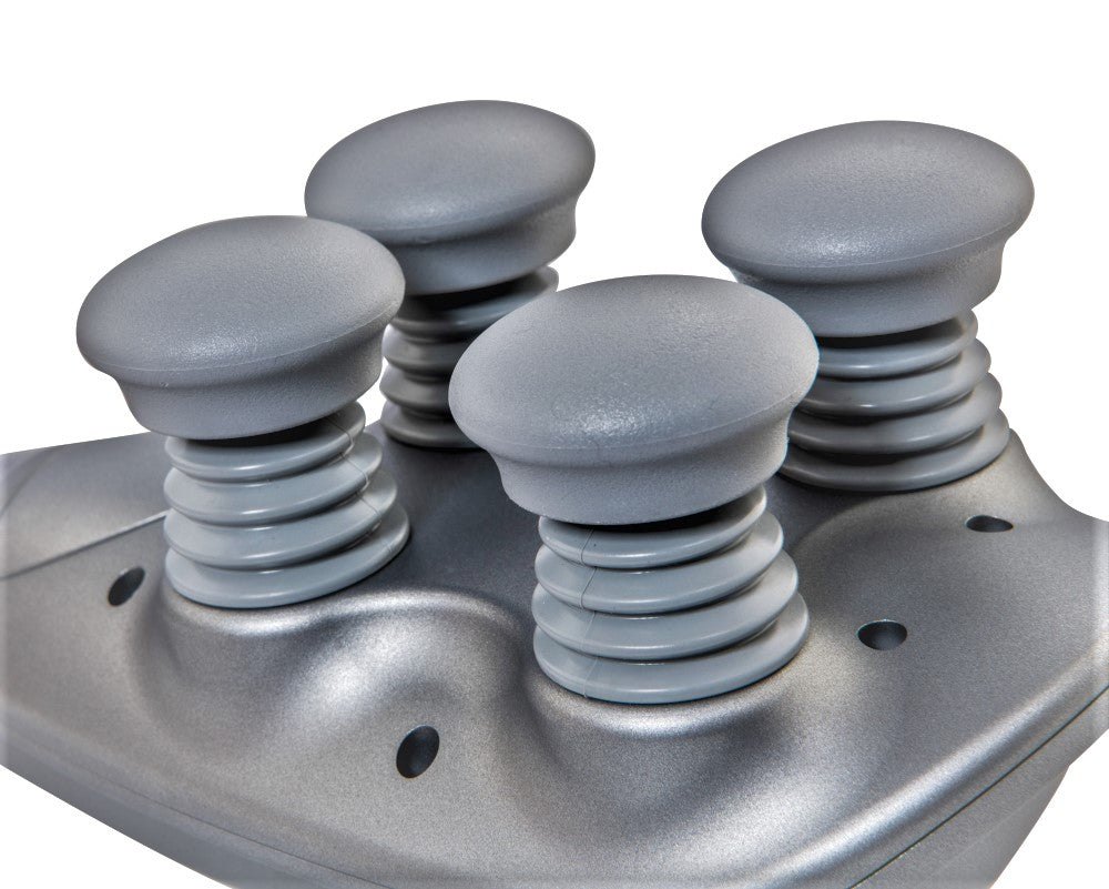 HAMMERZ MASSAGE DEVICE WITH TRIPLANAR VIBRATION TECHNOLOGY — Close-up of four rubber massage heads on the device