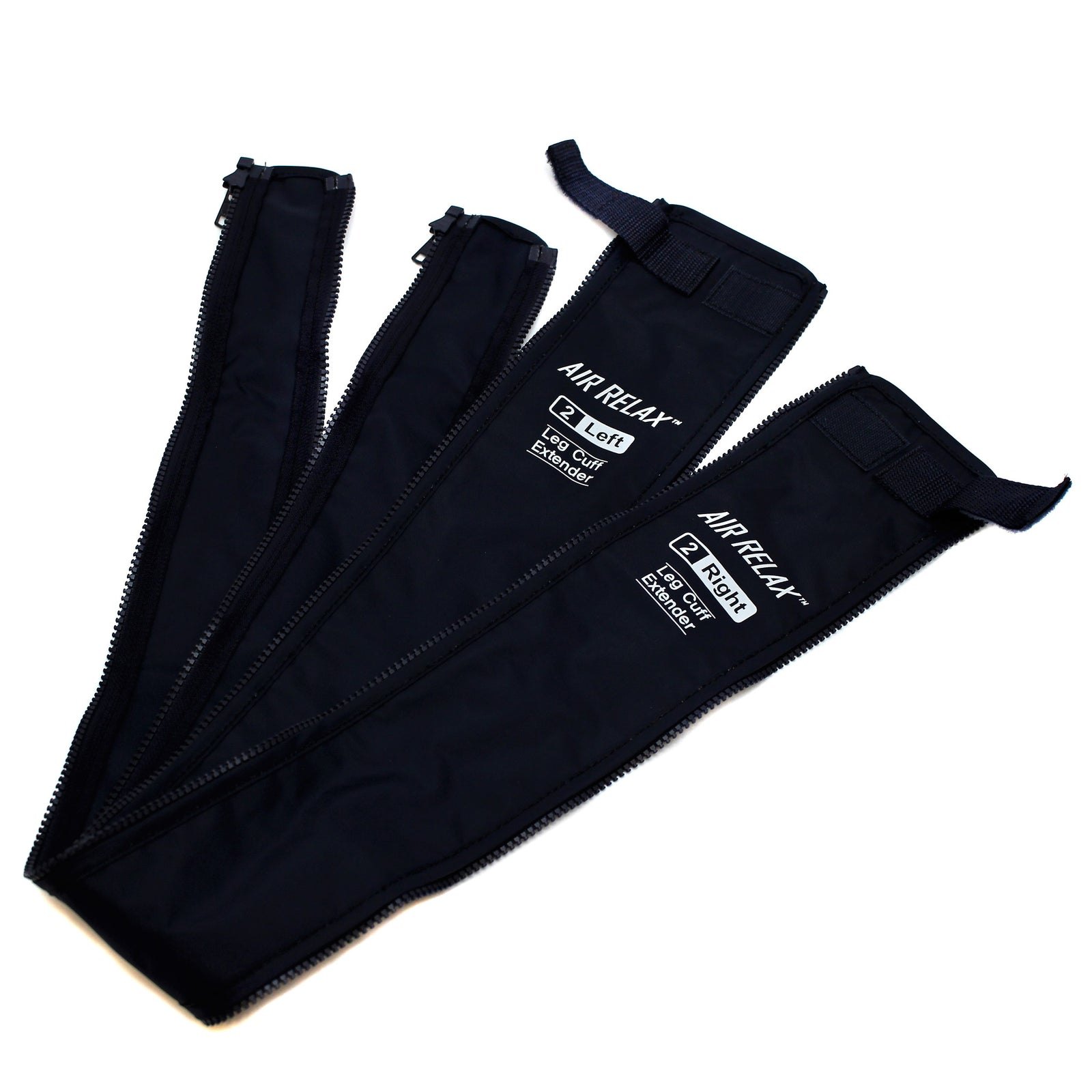 AIR RELAX AR-3.0 & AR-2.0 LEG SLEEVE EXTENDERS — Three black leg cuff extenders fanned out on white background