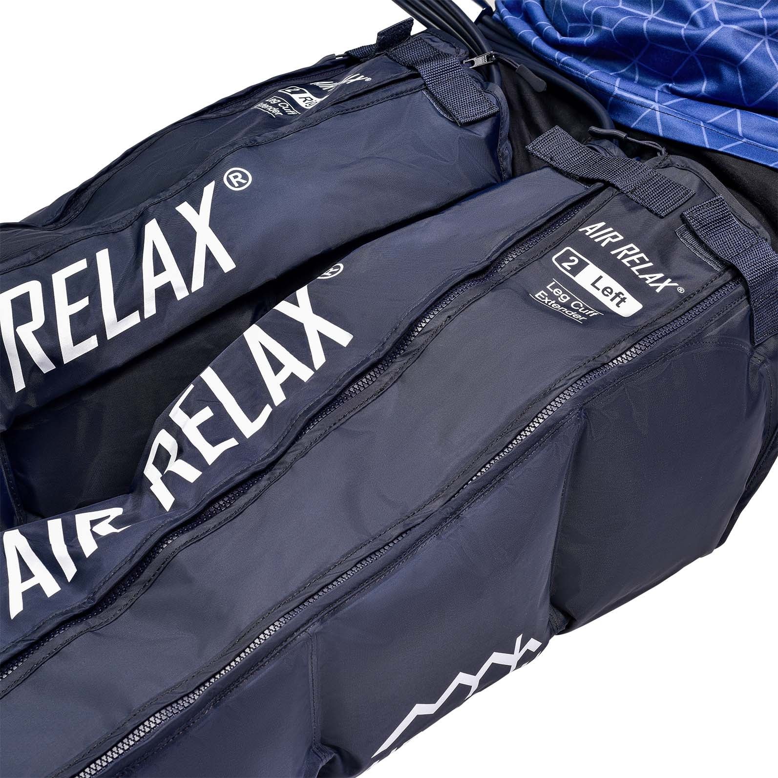 AIR RELAX AR-3.0 & AR-2.0 LEG SLEEVE EXTENDERS — Close-up of a leg sleeve fitted with an extender zipped up